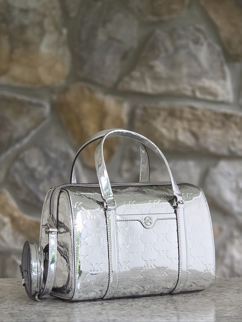 Michael Kors Jet Set Travel Medium Silver Duffle Satchel